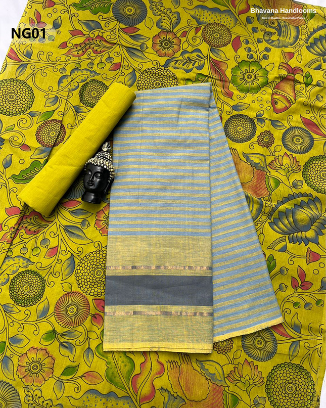 Soft Nagari Cotton Unstitched Dress Material | Daily Wear Yellow & greyish Blue 3pc Set