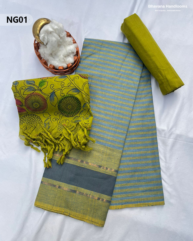 Soft Nagari Cotton Unstitched Dress Material | Daily Wear Yellow & greyish Blue 3pc Set