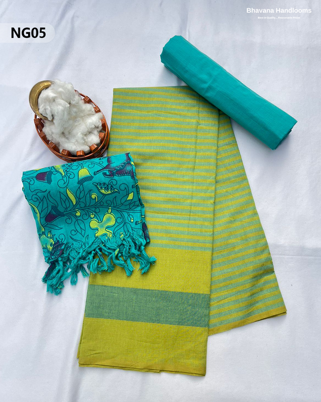 Soft Nagari Cotton Unstitched Dress Material | Daily Wear Yellow & Light Sea Green 3pc Set