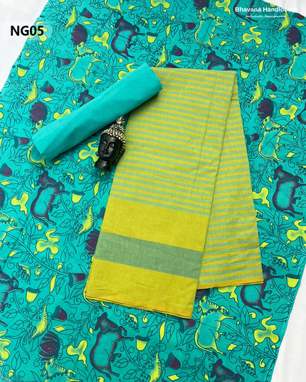Soft Nagari Cotton Unstitched Dress Material | Daily Wear Yellow & Light Sea Green 3pc Set