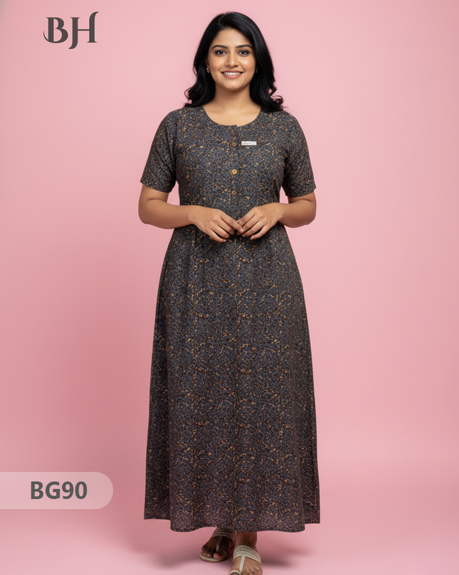 Cotton Frock Nighty with Knot & Pocket | Comfortable Free Size Nightwear