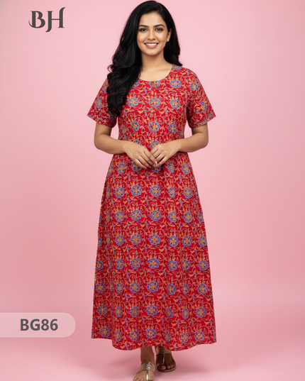 Cotton Frock Nighty with Knot & Pocket | Comfortable Free Size Nightwear