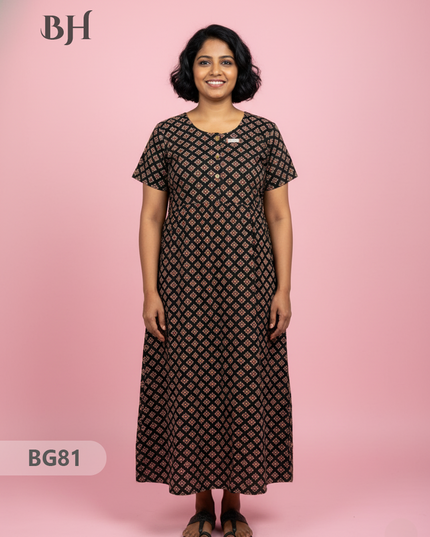 Cotton Frock Nighty with Knot & Pocket | Comfortable Free Size Nightwear