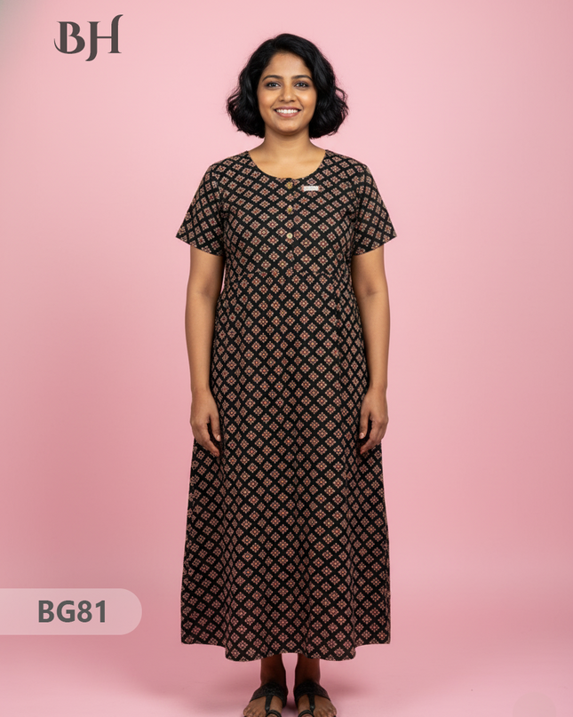 Cotton Frock Nighty with Knot & Pocket | Comfortable Free Size Nightwear