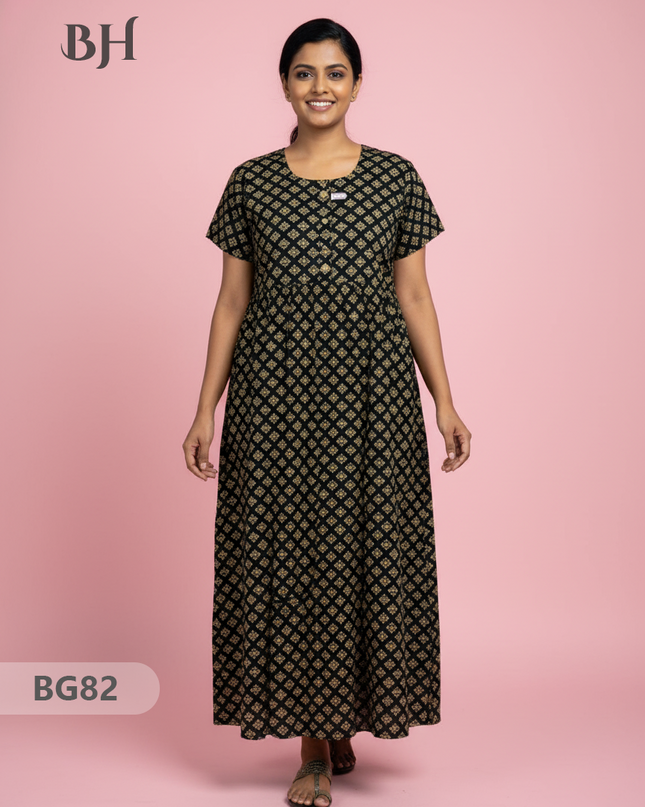 Cotton Frock Nighty with Knot & Pocket | Comfortable Free Size Nightwear