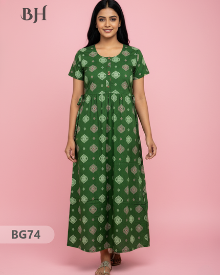 Cotton Frock Nighty with Knot & Pocket | Comfortable Free Size Nightwear