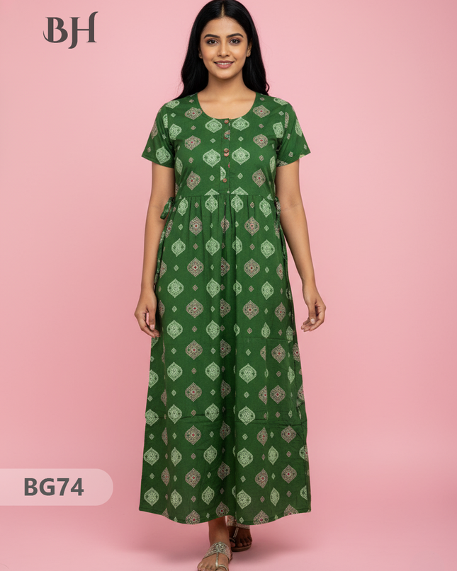 Cotton Frock Nighty with Knot & Pocket | Comfortable Free Size Nightwear