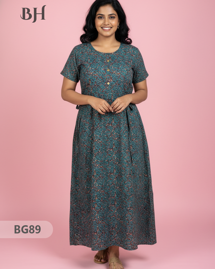 Cotton Frock Nighty with Knot & Pocket | Comfortable Free Size Nightwear