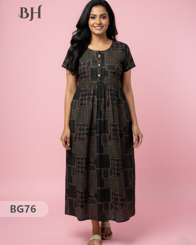 Cotton Frock Nighty with Knot & Pocket | Comfortable Free Size Nightwear