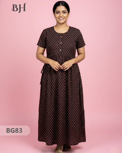 Cotton Frock Nighty with Knot & Pocket | Comfortable Free Size Nightwear