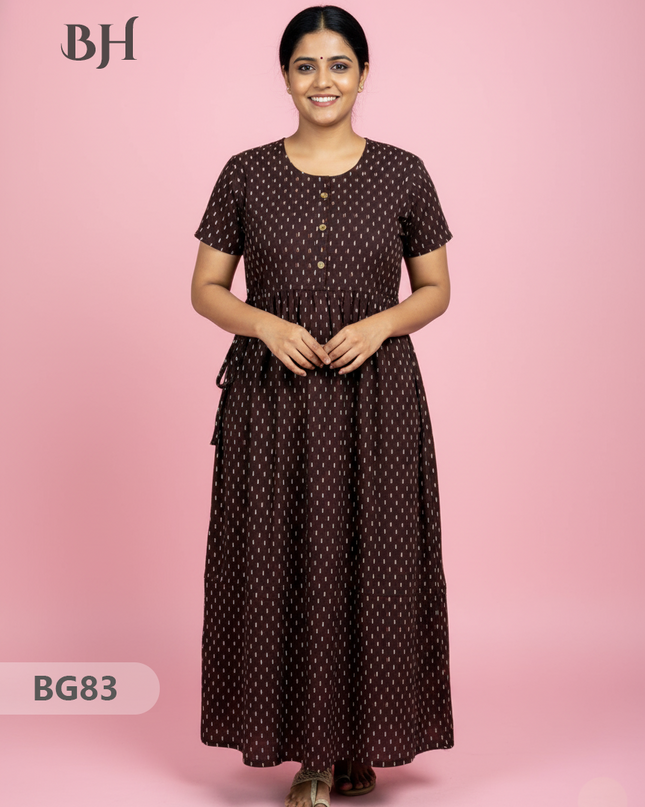 Cotton Frock Nighty with Knot & Pocket | Comfortable Free Size Nightwear