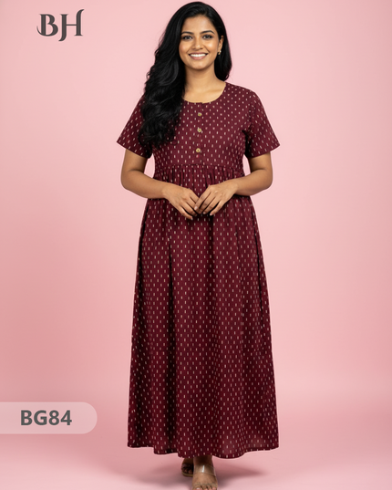 Cotton Frock Nighty with Knot & Pocket | Comfortable Free Size Nightwear