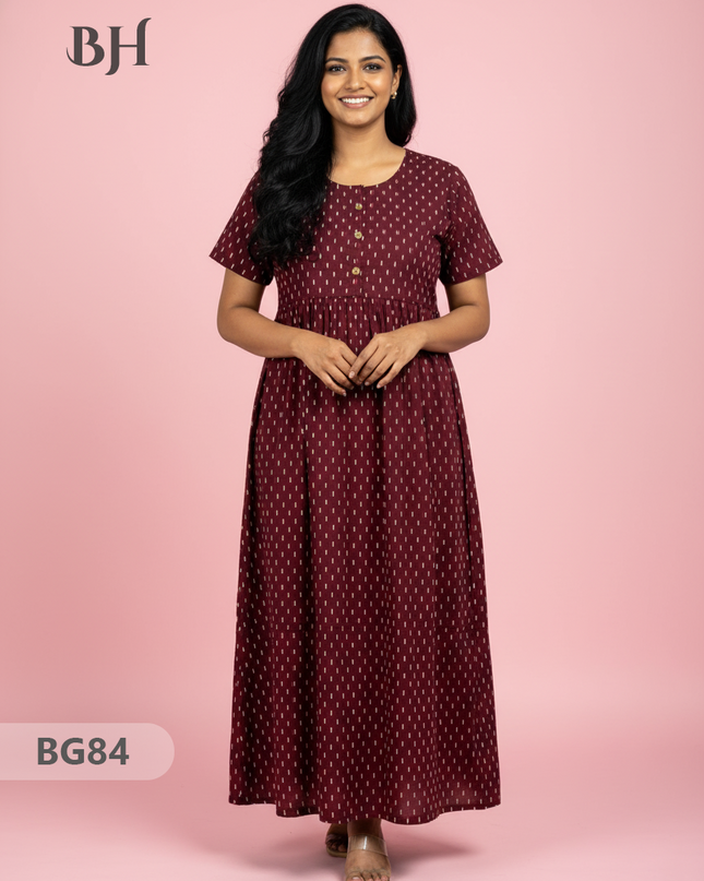 Cotton Frock Nighty with Knot & Pocket | Comfortable Free Size Nightwear