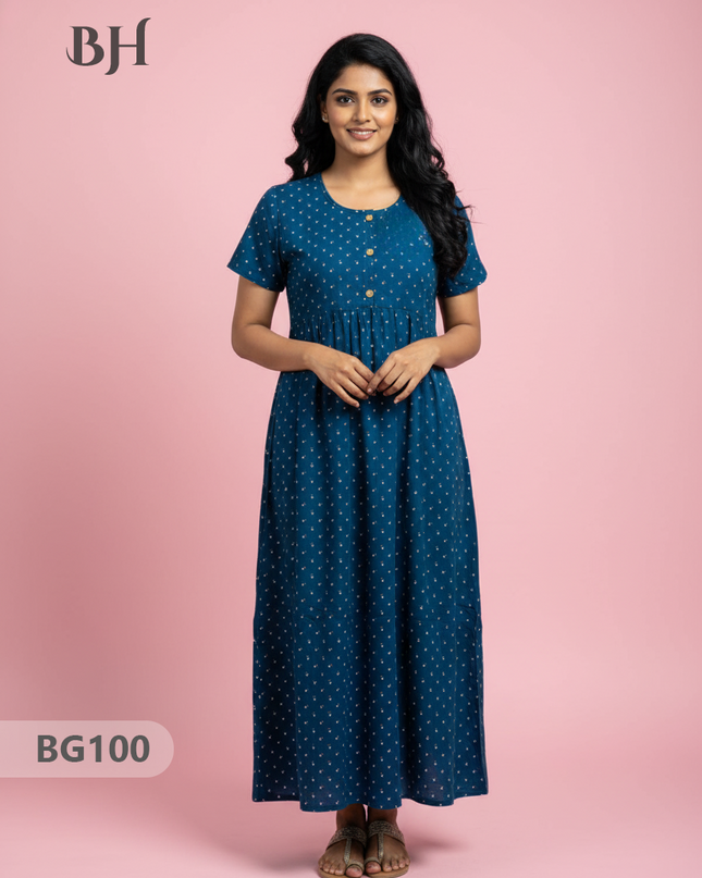 Cotton Frock Nighty with Knot & Pocket | Comfortable Free Size Nightwear