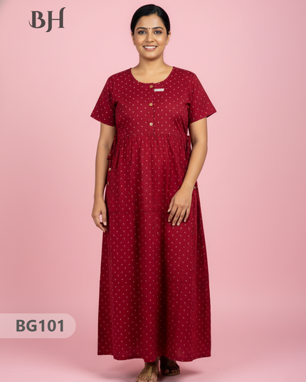 Cotton Frock Nighty with Knot & Pocket | Comfortable Free Size Nightwear