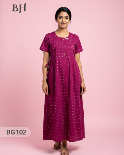 Cotton Frock Nighty with Knot & Pocket | Comfortable Free Size Nightwear
