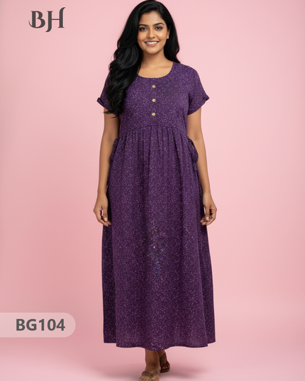 Cotton Frock Nighty with Knot & Pocket | Comfortable Free Size Nightwear