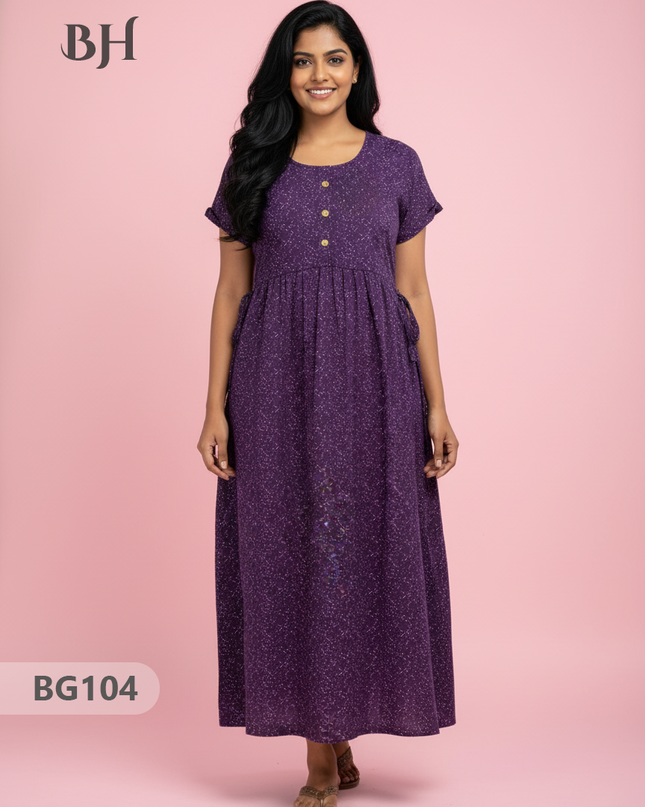 Cotton Frock Nighty with Knot & Pocket | Comfortable Free Size Nightwear