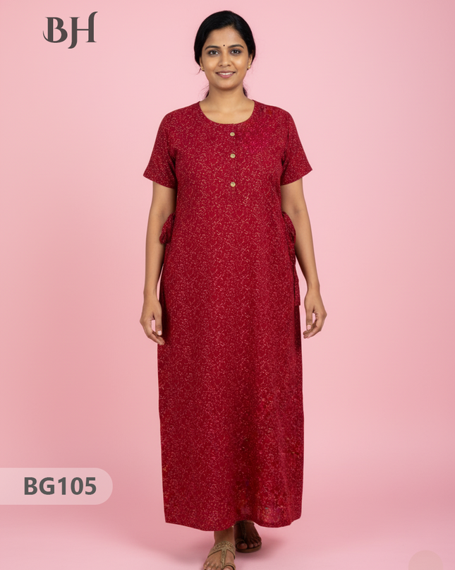 Cotton Frock Nighty with Knot & Pocket | Comfortable Free Size Nightwear