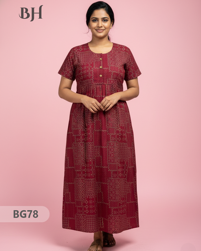 Cotton Frock Nighty with Knot & Pocket | Comfortable Free Size Nightwear