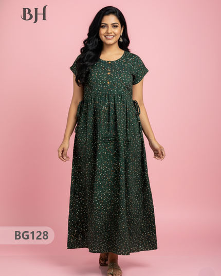 Cotton Frock Nighty with Knot & Pocket | Comfortable Free Size Nightwear