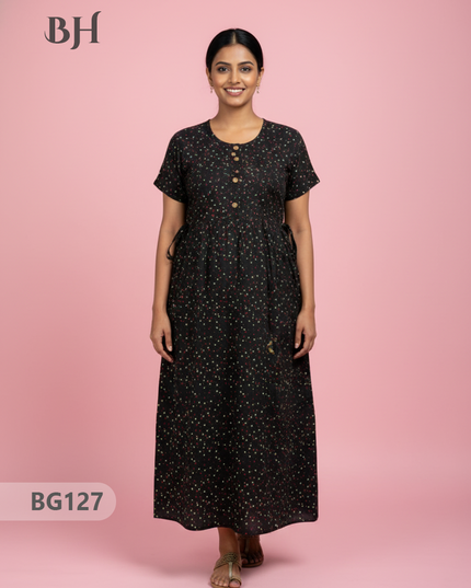 Cotton Frock Nighty with Knot & Pocket | Comfortable Free Size Nightwear