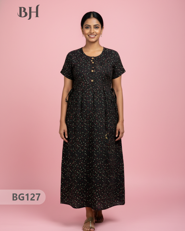 Cotton Frock Nighty with Knot & Pocket | Comfortable Free Size Nightwear