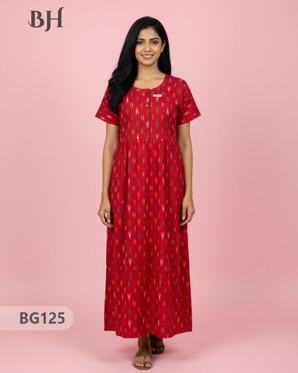 Cotton Frock Nighty with Knot & Pocket | Comfortable Free Size Nightwear