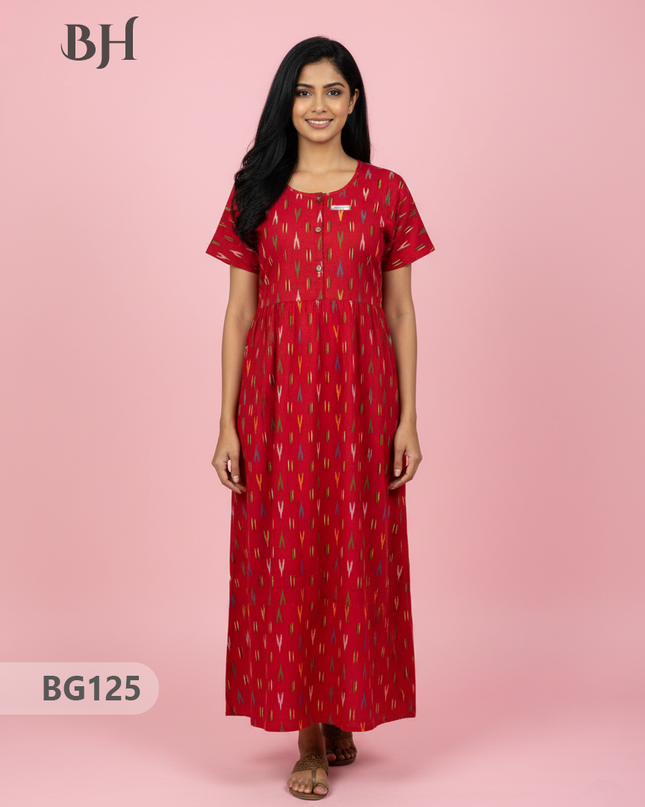 Cotton Frock Nighty with Knot & Pocket | Comfortable Free Size Nightwear