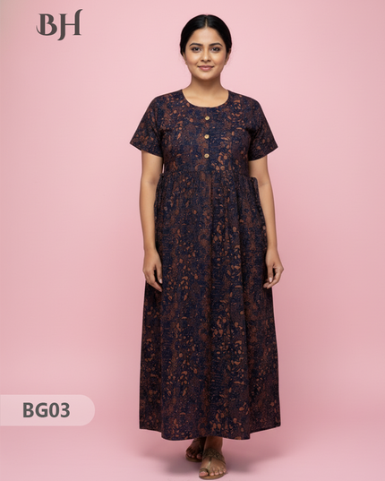 Cotton Frock Nighty with Knot & Pocket | Comfortable Free Size Nightwear