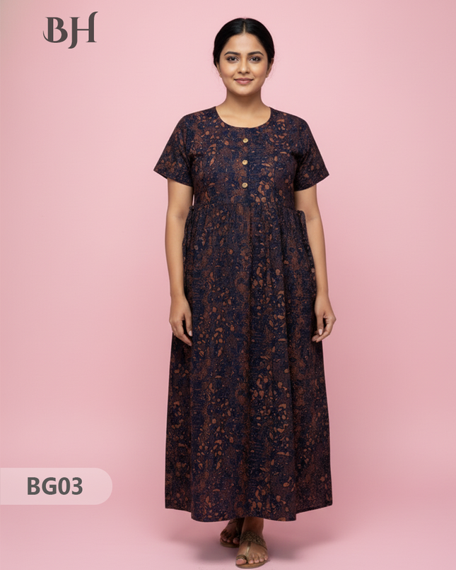 Cotton Frock Nighty with Knot & Pocket | Comfortable Free Size Nightwear