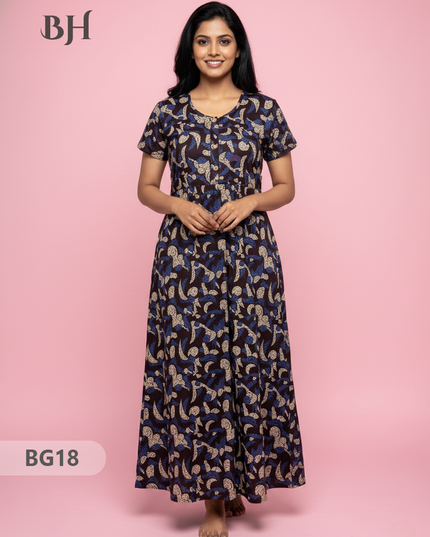 Cotton Frock Nighty with Knot & Pocket | Comfortable Free Size Nightwear