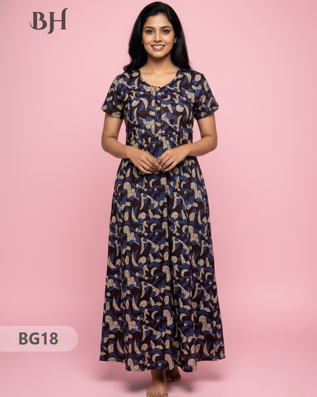 Cotton Frock Nighty with Knot & Pocket | Comfortable Free Size Nightwear