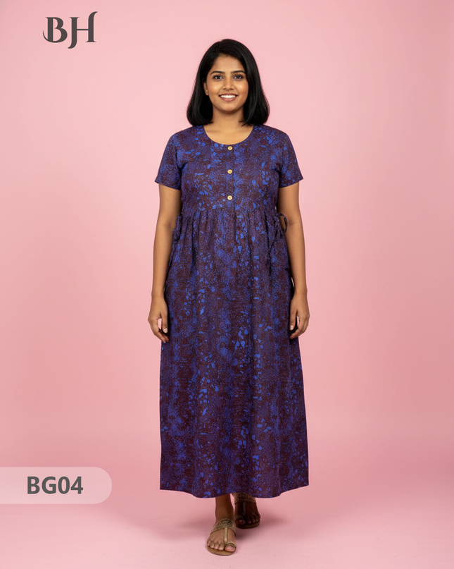 Cotton Frock Nighty with Knot & Pocket | Comfortable Free Size Nightwear