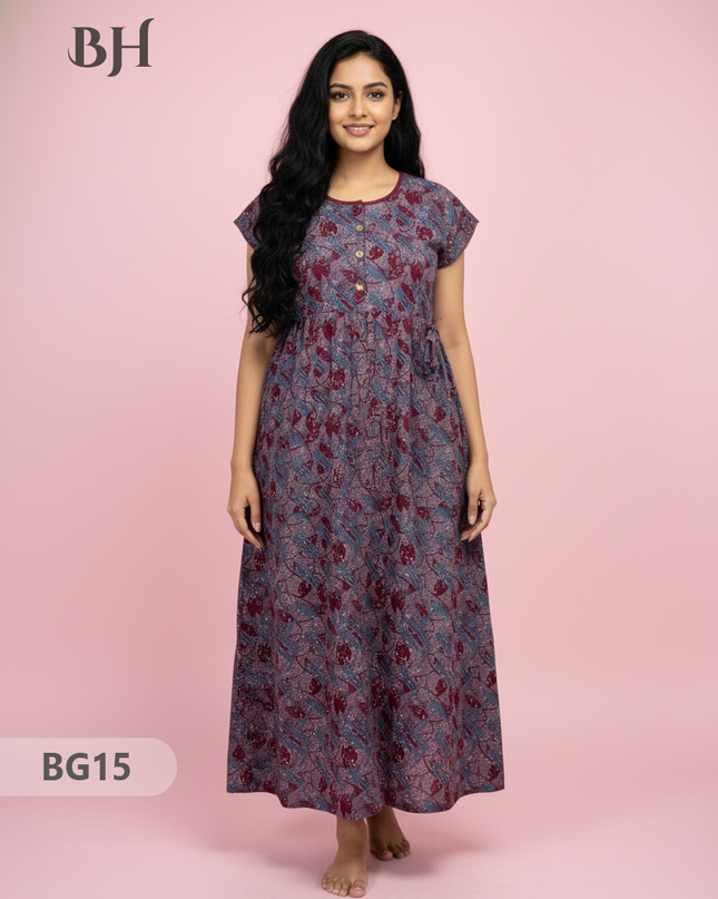 Cotton Frock Nighty with Knot & Pocket | Comfortable Free Size Nightwear