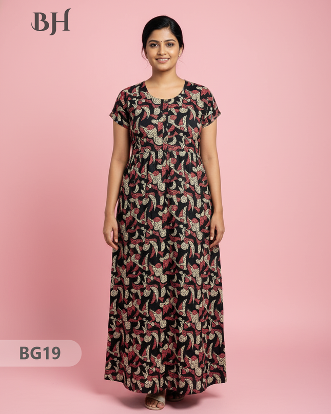 Cotton Frock Nighty with Knot & Pocket | Comfortable Free Size Nightwear