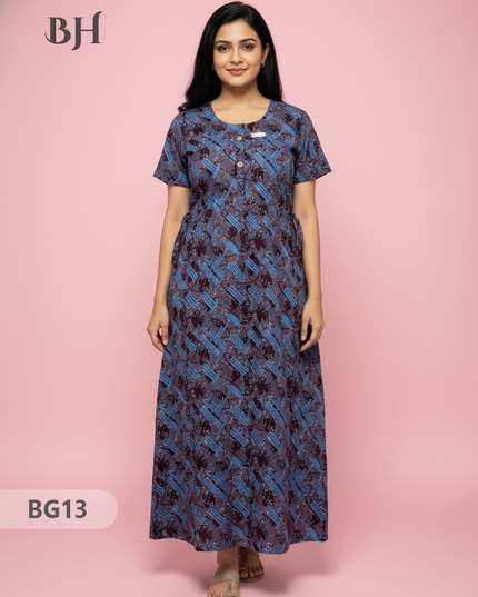 Cotton Frock Nighty with Knot & Pocket | Comfortable Free Size Nightwear