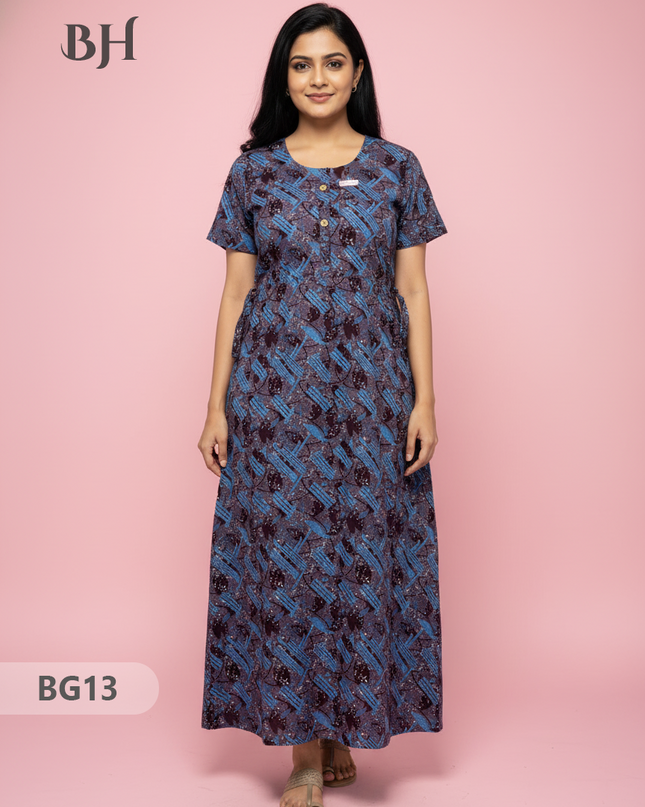 Cotton Frock Nighty with Knot & Pocket | Comfortable Free Size Nightwear