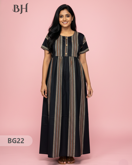 Cotton Frock Nighty with Knot & Pocket | Comfortable Free Size Nightwear