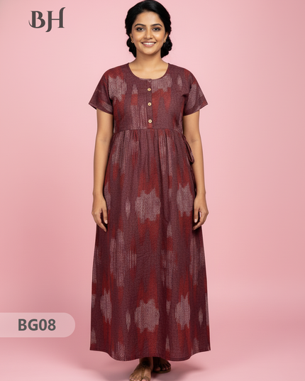 Cotton Frock Nighty with Knot & Pocket | Comfortable Free Size Nightwear