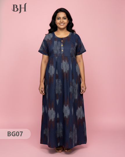 Cotton Frock Nighty with Knot & Pocket | Comfortable Free Size Nightwear