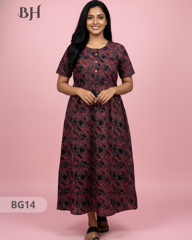 Cotton Frock Nighty with Knot & Pocket | Comfortable Free Size Nightwear