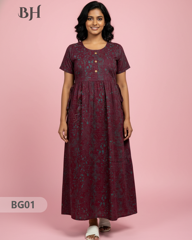 Cotton Frock Nighty with Knot & Pocket | Comfortable Free Size Nightwear