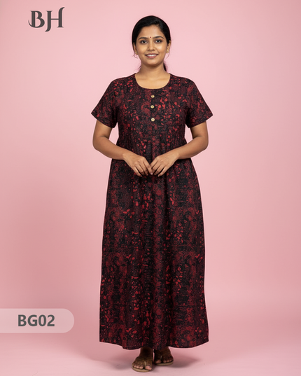 Cotton Frock Nighty with Knot & Pocket | Comfortable Free Size Nightwear