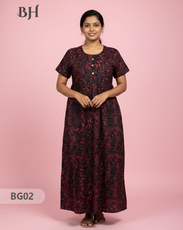 Cotton Frock Nighty with Knot & Pocket | Comfortable Free Size Nightwear