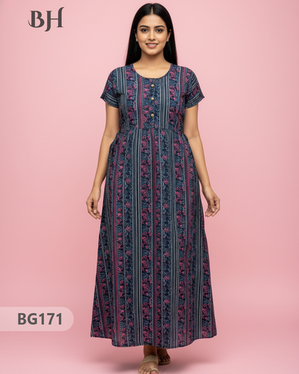 Cotton Frock Nighty with Knot & Pocket | Comfortable Free Size Nightwear