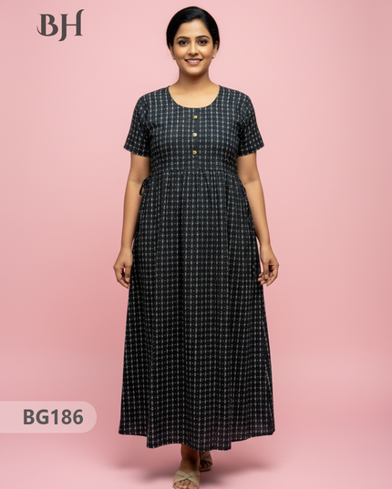 Cotton Frock Nighty with Knot & Pocket | Comfortable Free Size Nightwear