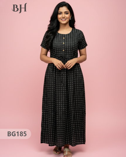 Cotton Frock Nighty with Knot & Pocket | Comfortable Free Size Nightwear