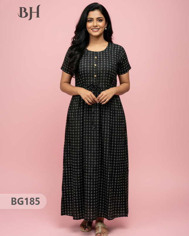 Cotton Frock Nighty with Knot & Pocket | Comfortable Free Size Nightwear