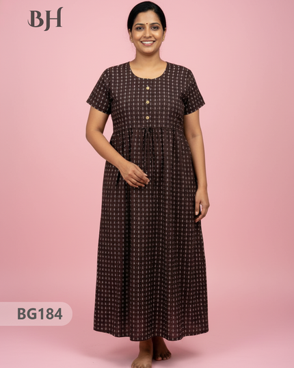 Cotton Frock Nighty with Knot & Pocket | Comfortable Free Size Nightwear